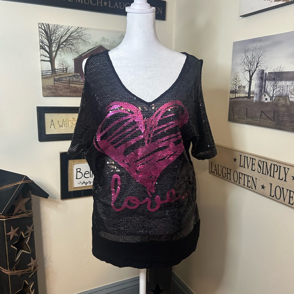 Deb Black Tee with Pink Heart and Love Design